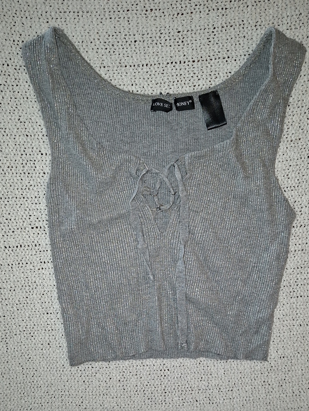 Gray Ribbed Lace-Up Tank Top
